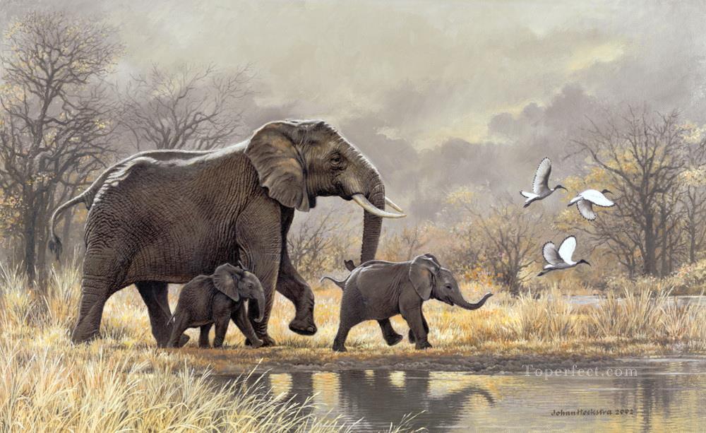 matriarche d’éléphant et veaux Peintures à l'huile